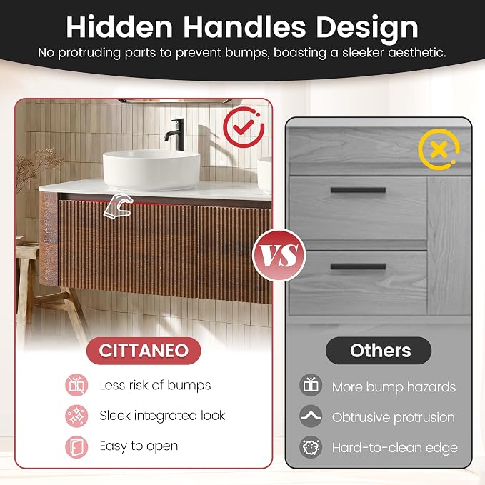 60" Floating Bathroom Vanity with Double White Vessel Sink, Walnut | Pre-Assembled Fluted Wall Mounted Vanity with Ceramic Sink, Sintered Stone Countertop, Soft-Close Drawer & Towel Rack