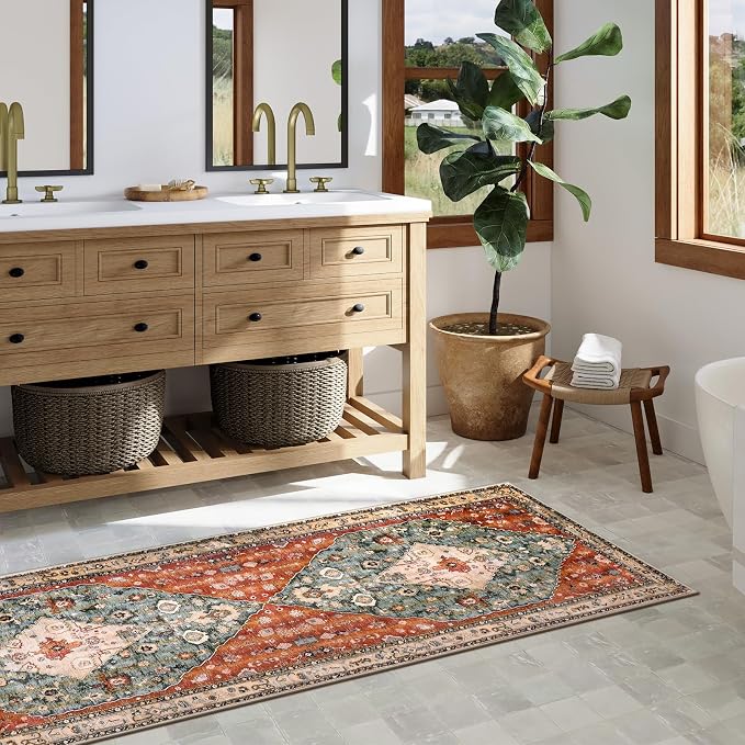 Lahome Felice Boho Tribal 2x6 Washable Runners for Hallways Non Slip, Bohemian Kitchen Mats for Floor, Vintage Bathroom Entryway Carpet Runner for Laundry Living Bedroom (Rust/Dull Teal,2x6ft)