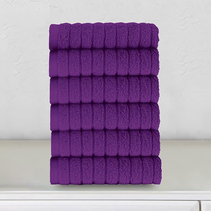 Elegant Comfort 100% Turkish Cotton Corduroy Ribbed Luxury Washcloths 6 Pack Soft 13 x 13 Inch - Higly Absorbent, Durable, Quick Dry, Spa Premium Hotel Quality for Bathroom or Travel, Purple