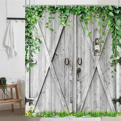 Rustic Wooden Board Barn Door Shower Curtain Sets for Bathroom, Vintage Farmhouse Wooden Theme Plank Green Leaves Bath Curtain, Fabric Grass and Flowers Spring Decoration Curtains with Hooks 70X70IN