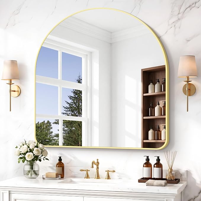 BONEWEI Arched Wall Mirror,42x42 inch Gold Arched Mirror Bathroom,Large Vanity Mirror for Over Sink Metal Frame,Tempered Glass Arch Mirrors for Bedroom,Entryway,Living Room,Home Decor Shatter-Proof