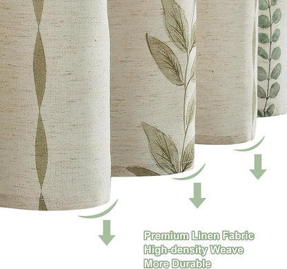 ORTIGIA Linen Striped Shower Curtain 72x84 Inch Extra Long with Metal Hooks,Sage Green Leaf Botanical Waterproof Natural Linen Bath Curtain for Rustic Farmhouse Bathroom Decor