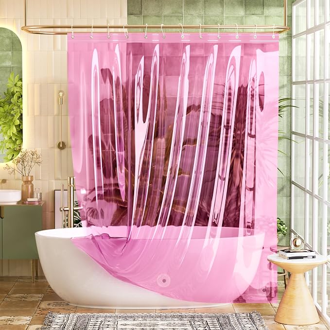 Bathway Shower Curtain Liner Pink Clear Shower Curtain Liner 72x72 PEVA Waterproof Shower Curtain Liner Plastic with 3 Magnets and 12 Rustproof Metal Grommets, Lightweight Shower Liner for Bathroom