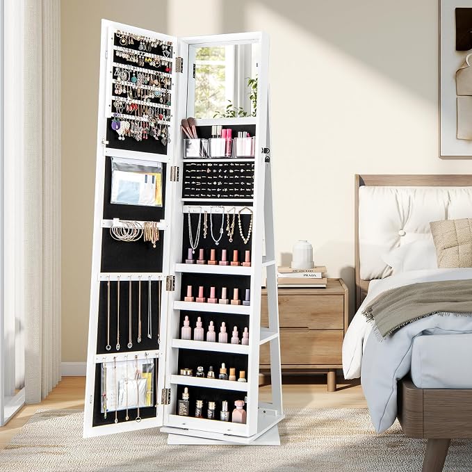 CHARMAID 3-in-1 Jewelry Armoire with Full Length Mirror, 360° Swivel Lockable Jewelry Cabinet with Shelves, Freestanding Mirror Organizer for Earrings, Necklaces, Rings, Makeup (White)