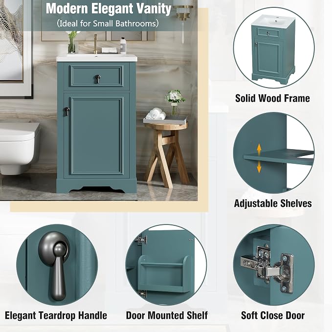 Merax Modern 20'' Bathroom Vanity with Single Sink Combo, Solid Wood Bathroom Storage Cabinet with Soft Close Door & Adjustable Shelf, Freestanding Vanities Set with Door-Mounted Storage Rack, Green