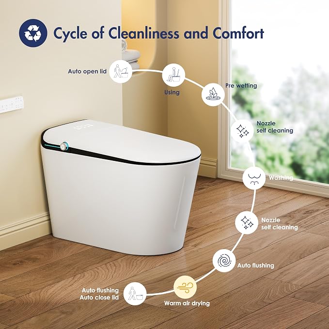 One Piece Smart Bidet Toilet, Auto Lid, Wash & Dry, White Black | Foot Sensor Flush, Heated Seat, Instant Warm Water, Adjustable Wash Settings, Self Cleaning Wand, Auto Flush, Pre Wet