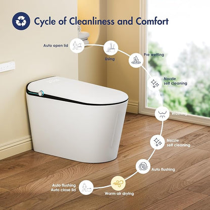 One Piece Smart Bidet Toilet, Auto Lid, Wash & Dry, White Black | Foot Sensor Flush, Heated Seat, Instant Warm Water, Adjustable Wash Settings, Self Cleaning Wand, Auto Flush, Pre Wet