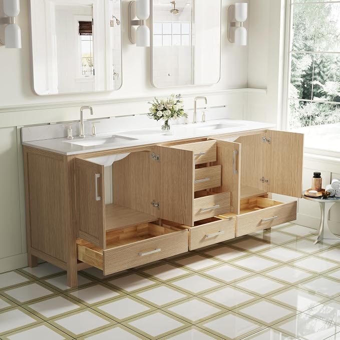 80-Inch Bathroom Vanity with Sink, 4 Soft-Close Doors and 6 Soft-Close Drawers, Bathroom Freestanding Vanity with Cultured Marble Countertop, Oak Vanity with Brushed Nickel Handles