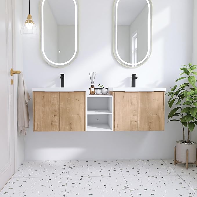 60 Inch Floating Vanity, 60" Bathroom Vanity with Sink, Double Sink Wall Mounted Vanity Combo, Modern Brown Bathroom Vanity Set with 4 Doors and White Basin Sink