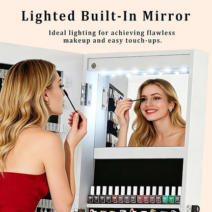 Rotatable 6 LEDs Jewelry Armoire With Drawer, White | 360°Swivel Jewelry Cabinet Standing with Full Length Mirror & Bottom Drawer & Makeup Mirror & 3 Back Rear Shelves & Lockable