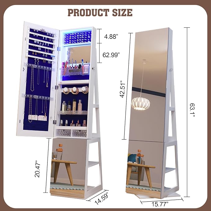 FOCALWEET LED Lockable Mirror Jewelry Cabinet, 360° Swivel Jewelry Organizer Armoire Standing, Frameless Full-Length Mirror, 63'' Standing Jewelry Mirror with Storage for Jewelry, White