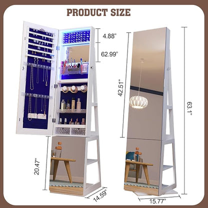 FOCALWEET LED Lockable Mirror Jewelry Cabinet, 360° Swivel Jewelry Organizer Armoire Standing, Frameless Full-Length Mirror, 63'' Standing Jewelry Mirror with Storage for Jewelry, White