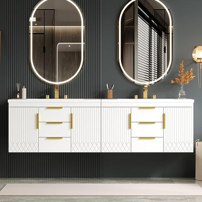 72'' Wall Mounted Bathroom Vanity, Floating Storage Vanity Cabinet with 2 Drawers and Shelves, Solid Wood Bathroom Cabinet, White