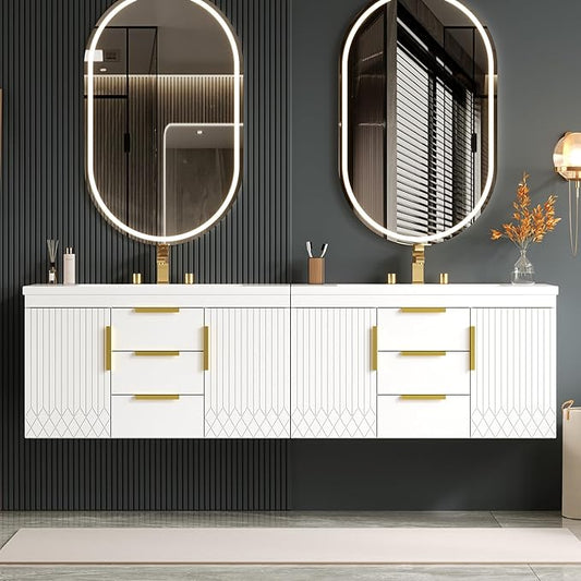 72'' Wall Mounted Bathroom Vanity, Floating Storage Vanity Cabinet with 2 Drawers and Shelves, Solid Wood Bathroom Cabinet, White
