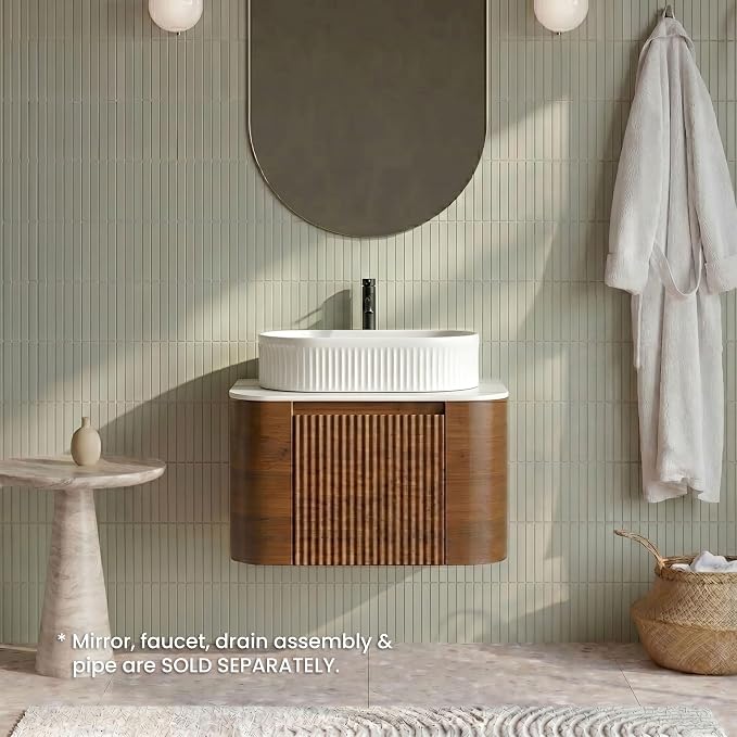 24" Preassembled Floating Bathroom Vanity with White Sink, Walnut | Mid-Century Modern Style, Fluted & Soft-Close Drawer with U-shaped Wall, Sinterted Stone Countertop, Towel Rack Included