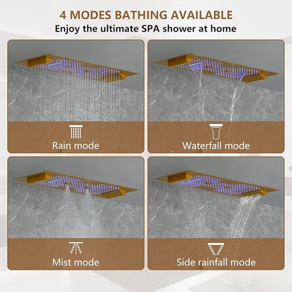CASAINC Thermostatic Shower System 35x16 Inch Luxury 6 Functions Shower Jets System, Multifunctional Full Body Shower System with Sliding Rod 2 in 1 Handheld, LED & Music (Brushed Gold)