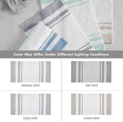 Madison Park - Spa Reversible Cotton Bath Rug - Grey - 20(W)" x 30(L)" - Striped - Water Absorbent- Fast Drying- Bath Mats - Feels Fluffy - Stylish & Sophisticated | Soft Pile, Machine Washable, OEKO-TEX Certified