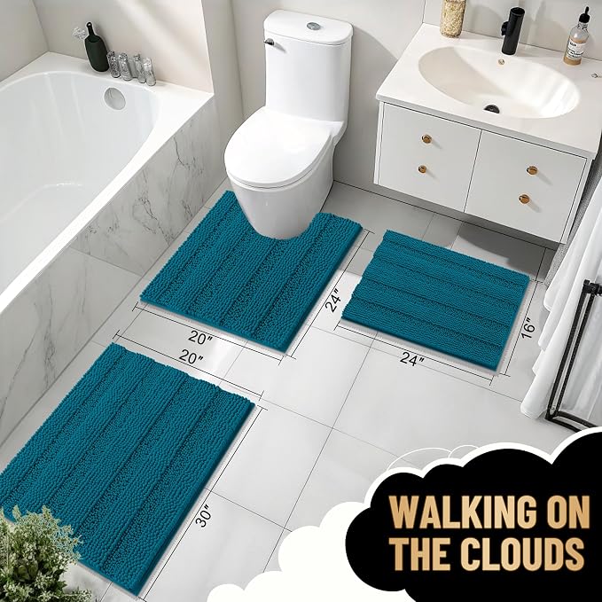 OLANLY Thick Bathroom Runner Rugs 47x24, Chenille Bath Rugs, Peacock Blue | Absorbent Striped, Rubber Backing, Machine Wash, Long Bath Mats for Bathroom Floor, Tub and Shower, Home Decor Accessories