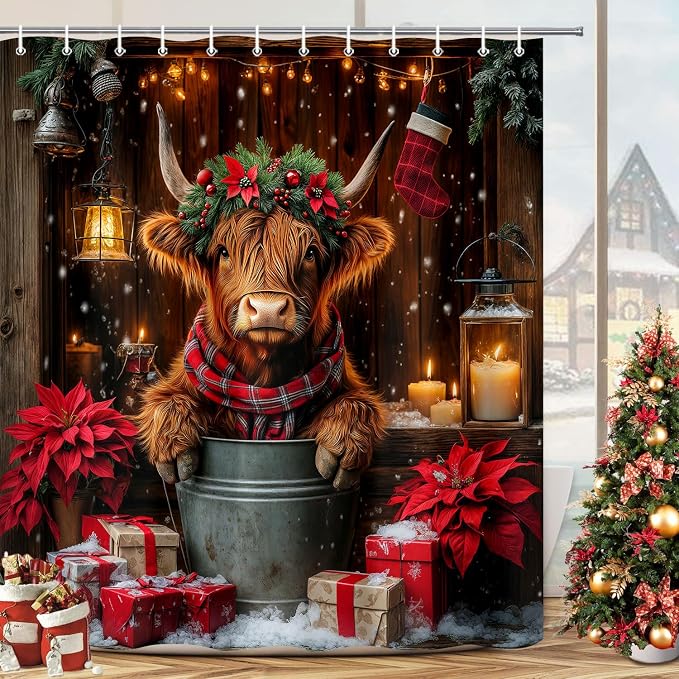 Christmas Highland Cow Shower Curtain, Winter Funny Cow Rustic Western Farmhouse Brown Wood Board Shower Curtain Set Bathroom, Xmas Snowflake Holiday Fabric Bath Decor with Hooks 70X70IN
