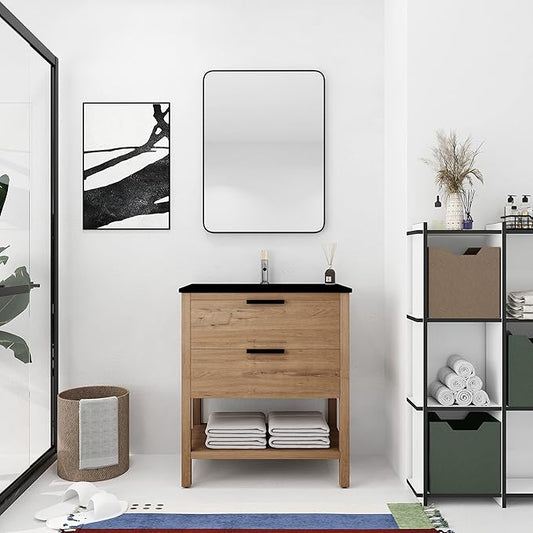 30'' Freestanding Bathroom Vanity, 30 Inch Floor Stand Bathroom Vanity with Sink, Single Black Sink Cabinet Set, Modern Storage Cabinet, with Soft Closing Drawers, 01030IMO+9075BK
