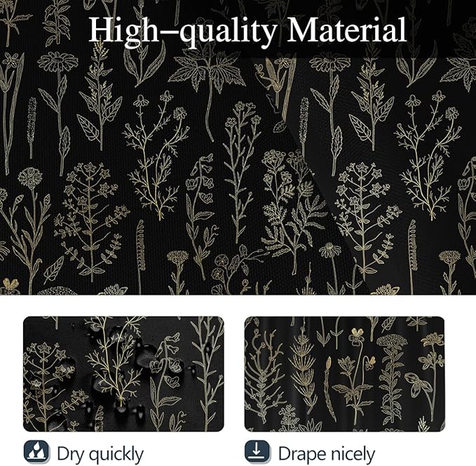 Coxila Vintage Floral Shower Curtain Black and Gold Boho Gothic Flower Aesthetic Whimsical Goth Moody Dark Botanical Witchy Nature Art Cottagecore Bathroom 60 x 72 Inch Polyester Fabric 12 Pack Hooks