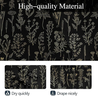 Coxila Vintage Floral Shower Curtain Black and Gold Boho Gothic Flower Aesthetic Whimsical Goth Moody Dark Botanical Witchy Nature Art Cottagecore Bathroom 60 x 72 Inch Polyester Fabric 12 Pack Hooks