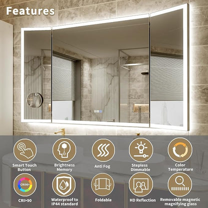 60x36 Trifold Bathroom Mirror with Lights, Removable Magnifier, 180° Foldable LED Vanity Mirror, Front & Backlit, Wall Mounted, Anti-Fog, Stepless Dimming & 3 Color Temperature Changing