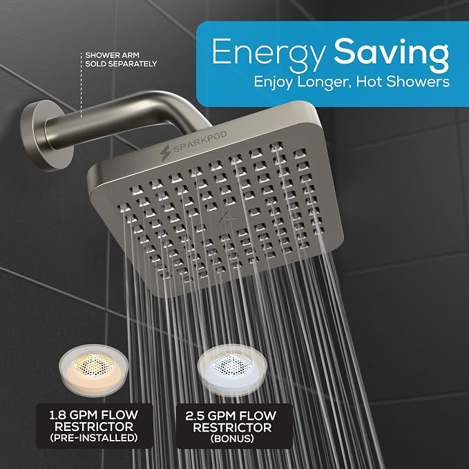 SparkPod Rain Shower Head, 8 Inch Square, Elegant Brushed Nickel Finish | High Pressure Shower Heads, 90 Nozzles, Adjustable Showerhead, No Tools Needed, Universal Connection