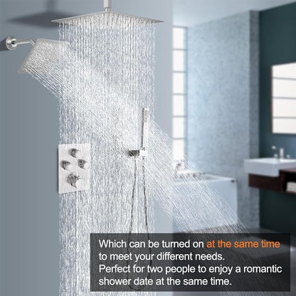 Dual Shower Heads Shower System with 16" Ceiling Mounted Rain Shower Head & 6" Wall Mounted Head Full Body Shower System 3 Way Thermostatic Shower Valve Can All Run Together, Brushed Nickel
