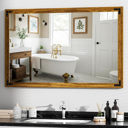 Hasipu Farmhouse Bathroom Mirror, 40"x26" Rustic Wood Framed Wall Mounted Mirror, Walnut Vintage Vanity Mirror Modern Farmhouse Style Decrative Mirrors