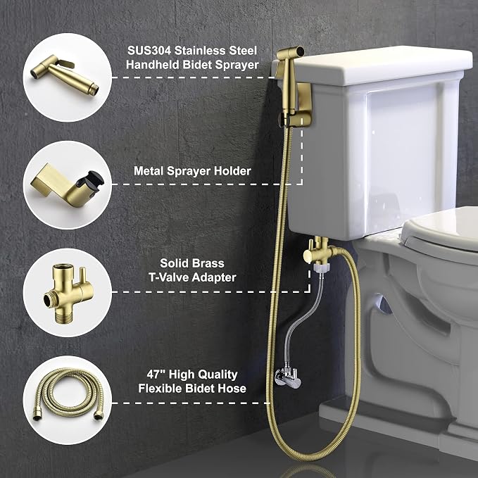 Handheld Bidet Sprayer for Toilet, Stainless Steel Baby Cloth Diaper Sprayer Kit, Bathroom Toilet Bidet Attachment Set for Bathing Pets Feminine Hygiene, Brushed Gold BDS01-3