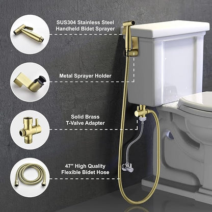Handheld Bidet Sprayer for Toilet, Stainless Steel Baby Cloth Diaper Sprayer Kit, Bathroom Toilet Bidet Attachment Set for Bathing Pets Feminine Hygiene, Brushed Gold BDS01-3