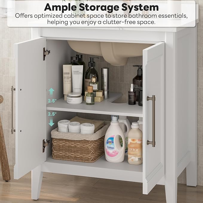LIKIMIO 30" Bathroom Vanity with Sink, Engineered Stone Top, 2 Doors, White | Freestanding Bathroom Vanity, Engineered Stone Countertop with Undermount Ceramic Sink, Modern Bathroom Storage Cabinet