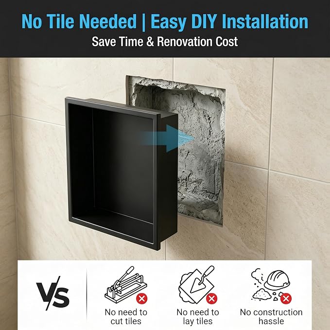 304 Stainless Steel Shower Niche 12” x 12” for Bathroom Storage | Waterproof Matte Black Recessed Shower Niche No Tile Needed with 2-Tier Shelves