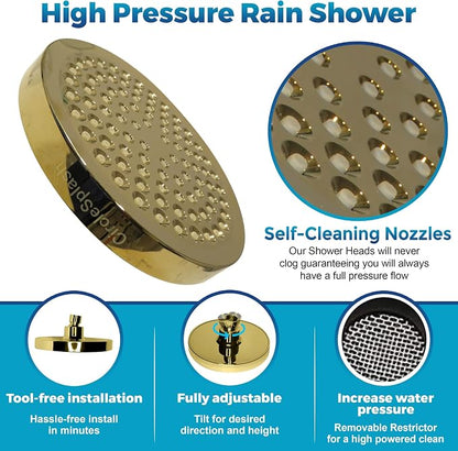 CircleSplash Shower Head - High Pressure 2.5 GPM - Gold | Anti-clog silicone nozzles, removable restrictor, easy-clean fixed replacement