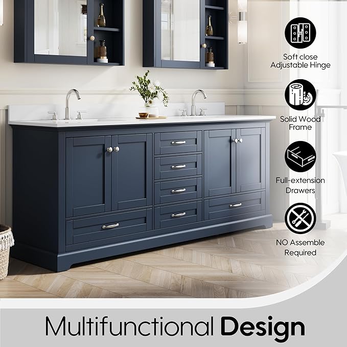 WELLFOR 80" Bathroom Vanity with Double Sinks, Bathroom Freestanding Vanity W/4 Soft-Close Doors and 6 Drawers, Large Storage Space Vanity, Cultured Marble Countertop (Navy Blue)