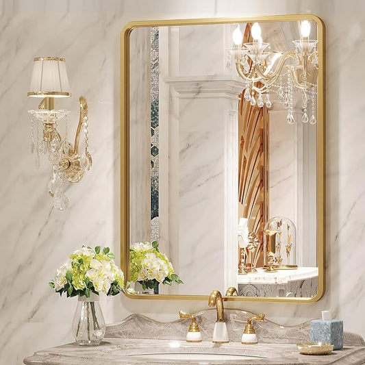 Brightify Gold Bathroom Mirror for Wall, 22x30 Inch Rectangular Gold Metal Framed Mirror, Modern Wall Mounted Vanity Mirror for Bathroom, Vertical or Horizontal