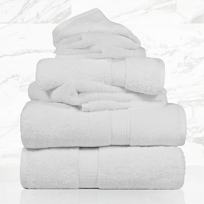 SUPERIOR Egyptian Cotton Ultra Plush & Absorbent, 6 Piece Set, White | Quick Dry, Soft Luxury Towel Set, Bath Essentials, Guest Bath, Spa, 2 Bath, 2 Hand, 2 Face Towels, Madeline Towels