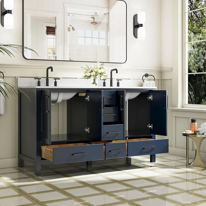 60-Inch Bathroom Vanity with Sink, 4 Soft-Close Doors and 6 Soft-Close Drawers, Bathroom Freestanding Vanity with Cultured Marble Countertop, Navy Blue Vanity with Matte Black Handles