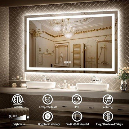 LED Mirror for Bathroom, 60x36 Inch Backlit + Front Lighted Bathroom Vanity Mirror with Lights for Wall, Double Light Strips, 3 Colors, Shatter-Proof, Anti-Fog and Brightness Memory