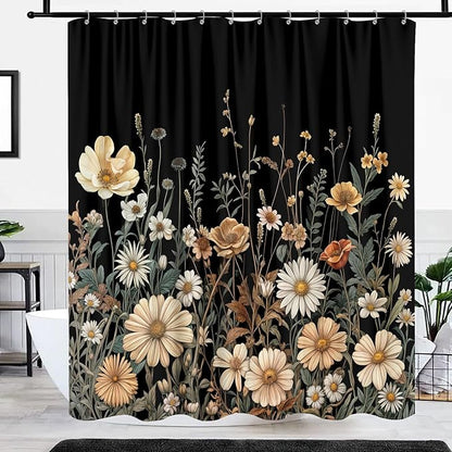 Vintage Boho Floral Shower Curtain, Cute Retro Bohemian Flower Botanical Aesthetic Decorative Shower Curtain Set with Hooks, Unique Dark Wildflower Rustic Farmhouse Shower Curtains for Bathroom 72X84