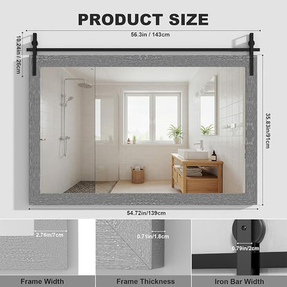 Hasipu Farmhouse Bathroom Mirror, 55"x36" Rustic Wood Framed Wall Mounted Mirror, Gray Vintage Vanity Mirror Barn Door Style Decrative Mirrors
