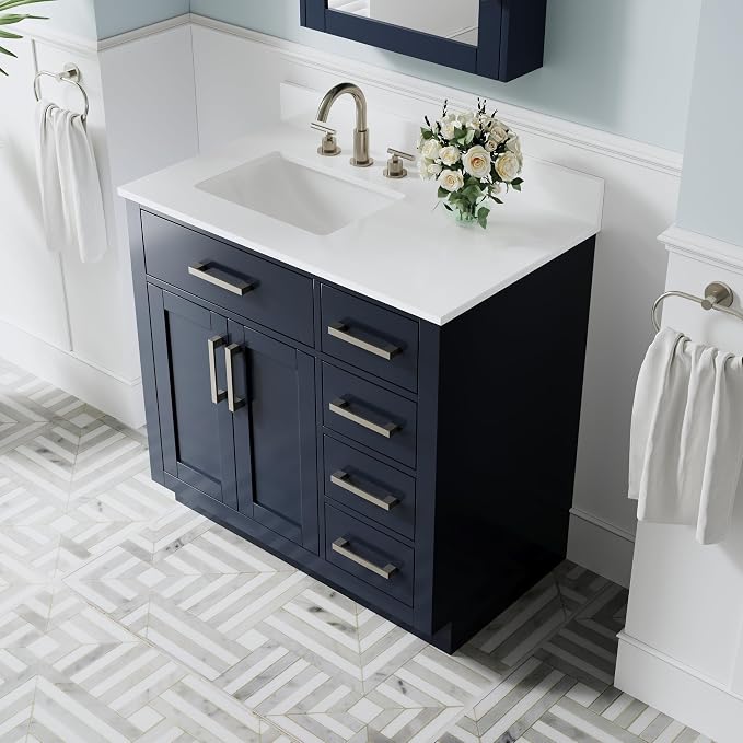 36-Inch Bathroom Vanity with Sink W/ 2 Doors & 4 Drawers & 1 Flip Drawer, Navy Blue Vanity W/Brushed Nickel Handles