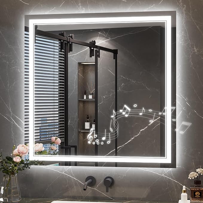 Keonjinn 36" x 36" Lighted Mirrors for Bathroom Wall, Frontlit & Backlit | Bluetooth Speaker, LED Mirror for Bathroom, HD Tempered Glass, Stepless Dimmable 3-Color Lights, Fast & Safe Defog CRI90+