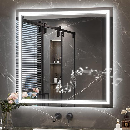 Keonjinn 36" x 36" Lighted Mirrors for Bathroom Wall, Frontlit & Backlit | Bluetooth Speaker, LED Mirror for Bathroom, HD Tempered Glass, Stepless Dimmable 3-Color Lights, Fast & Safe Defog CRI90+