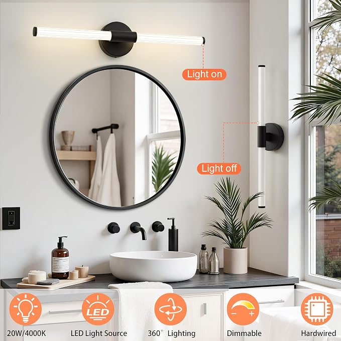 LED Bathroom Vanity Lights Black Modern Wall Sconce 24" | 360° Bright Lighting, Dimmable Vanity Light Bar, Hardwired Wall Lights 4000K Natural White for Mirror