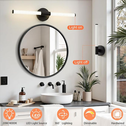 LED Bathroom Vanity Lights Black Modern Wall Sconce 24" | 360° Bright Lighting, Dimmable Vanity Light Bar, Hardwired Wall Lights 4000K Natural White for Mirror