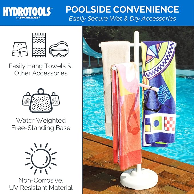 SWIMLINE HYDROTOOLS 89032 Free Standing Poolside Adjustable-Towel Rack With Water Weighted Base Three Arms Tier For Outdoors & Indoors Pool Patio Bathroom Accessory Holder Bar Drying-Stand | Keeps towels off the deck, organized, and drying within reach...