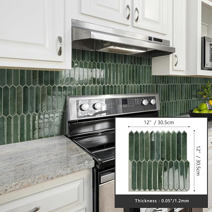 10 Sheets Long Hexagon Tile Peel and Stick Backsplash | Self-Adhesive Wall Tiles Stick on Back Splash for Kitchen, Bathroom, Fireplace,RV(Green,12"×12")