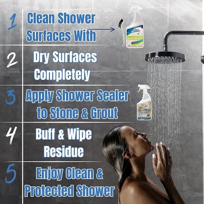 Black Diamond Stoneworks Natural Stone Shower Sealer Quart + Ultimate Grout Cleaner with Brush Quart (2-Pack) – Seals & Protects Showers, Deep Cleans Tile & Grout